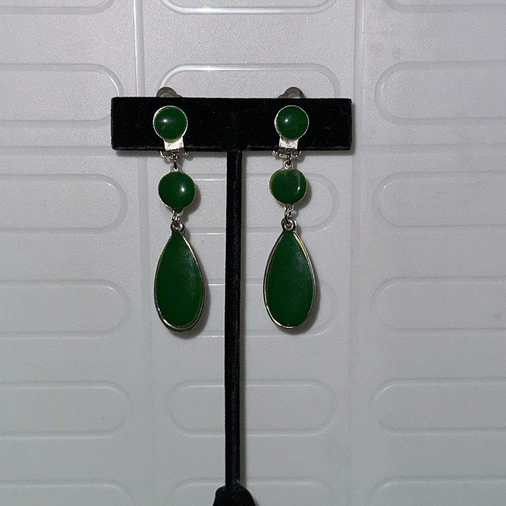 Green Clip-On Earrings Faux Silver Tone Costume Jewelry Non Pierced